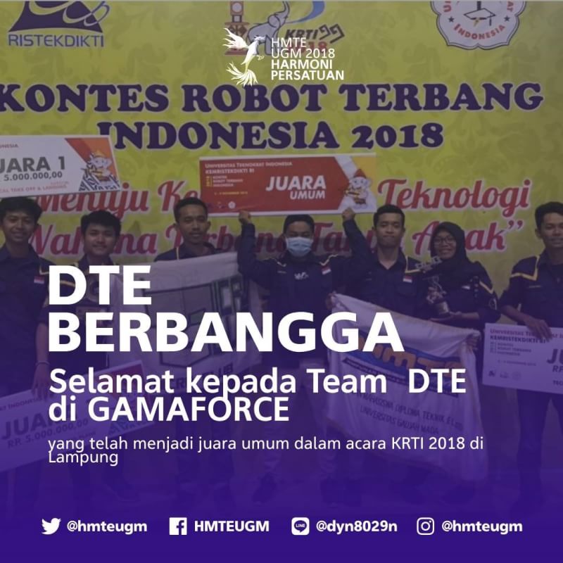 [DTE BERBANGGA]

Kami ucapkan selamat kepada Tim GAMAFORCE DTE yang telah berhasil memenangkan Juara Umum pada Kontes Robot Terbang Indonesia yang diselenggalarakan di Lampung tahun 2018.