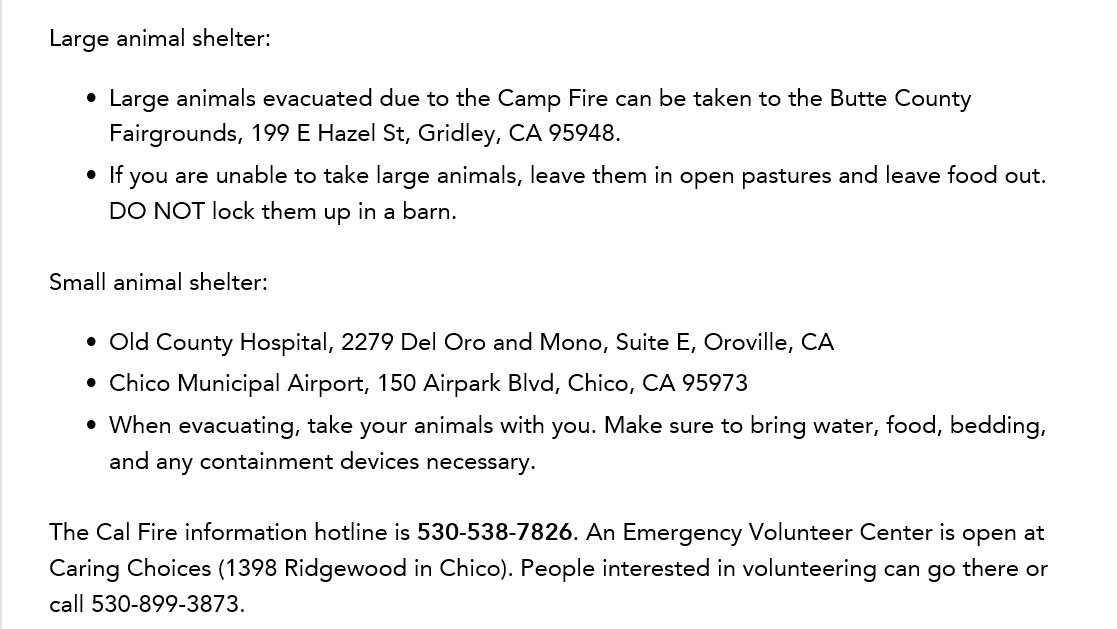 LandlordLinks's tweet image. California Fire #ChicoFD list of animal shelters open today Saturday as of 9am.