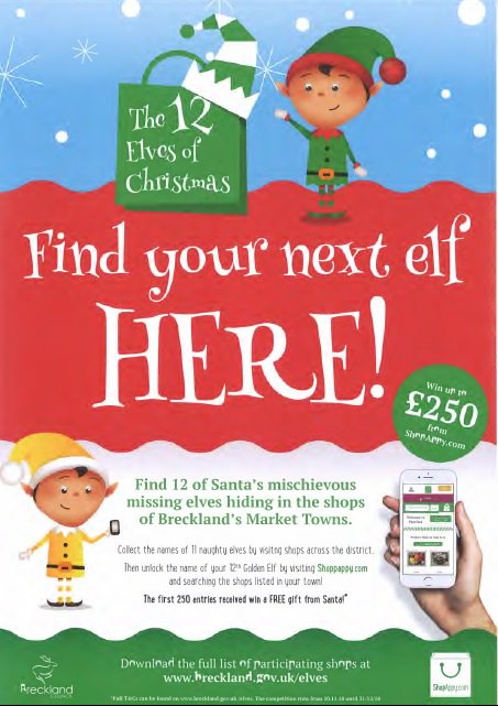 WattonLibrary's tweet image. Starts today until 31/12.  Santa has lost his elves, can yo help?  Find 12 of Santa's mischievous missing elves hiding in the shops of Breckland's Market Towns for more information please breckland.gov.uk/elves