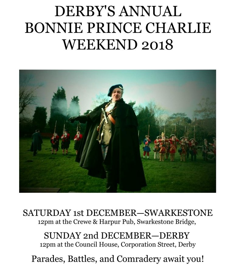 Our next event is in Swarkestone and Derby. 1st and 2nd December.

#BonniePrinceCharlie #Jacobites #1745
