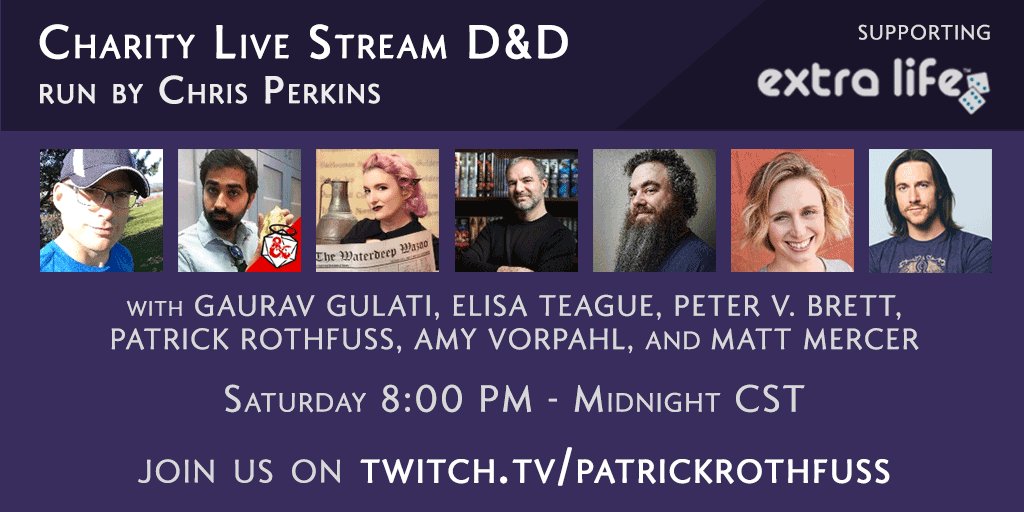 Pat is doing a charity D&amp;D game for Extra Life tonight at 8 PM CST. (You can catch it on his Twitch channel.)

Your donation can throw the entirety into chaos... picking everything from his name to his accent or catchphrase.

Donate at bit.ly/2RK0QQz

<a href="/PatrickRothfuss/">Pat Rothfuss</a>