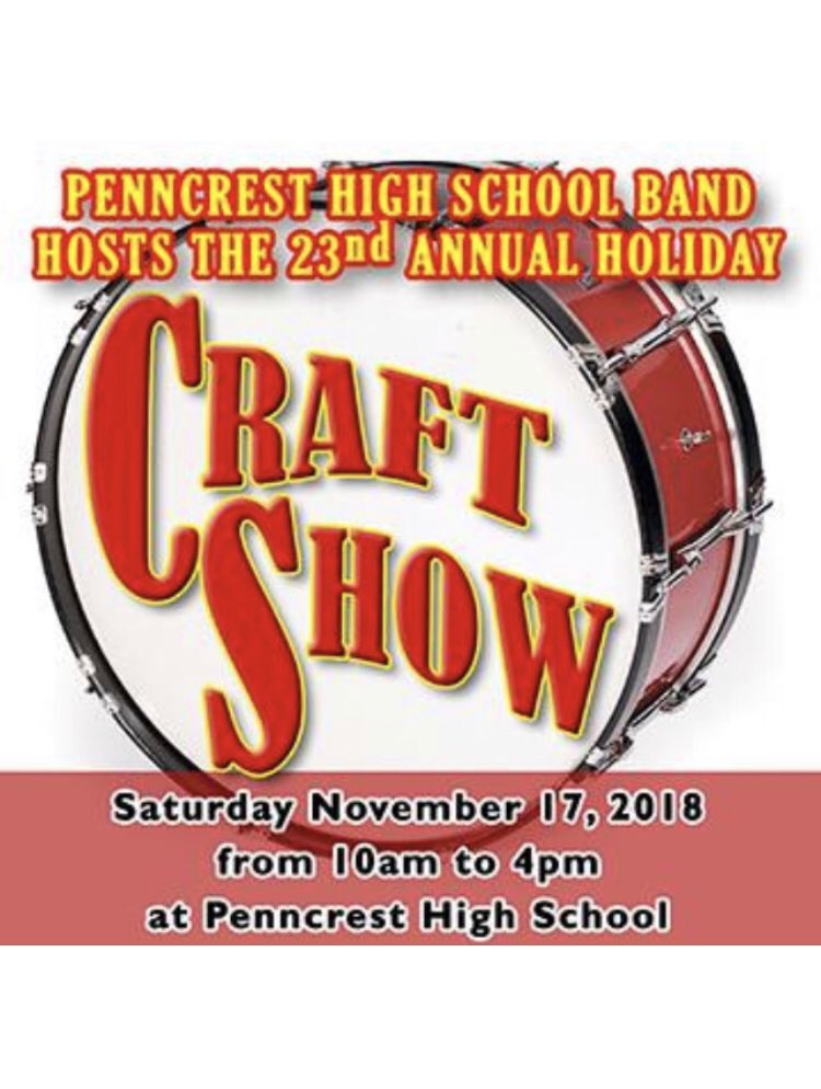 SLMS_PTG's tweet photo. Great Family Fun: Sat Nov 17th is the 23rd Annual Penncrest Craft Show 10am - 4pm. Over 💯artists, crafters &amp; vendors will fill the halls of Penncrest. Gr8 way to kick off the holiday season while enjoying 🎺@Penncrestband ensembles🥁Email Carol with ???phsbandcraftshow@gmail.com https://t.co/9MPapWOZBd