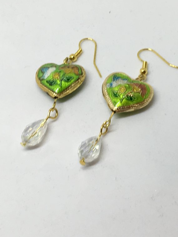 Green Cloisonn Style Heart Earrings with Crystal #jewelry #earrings @EtsyMktgTool etsy.me/2Ff3197 #heartearrings #cloisonnéearrings