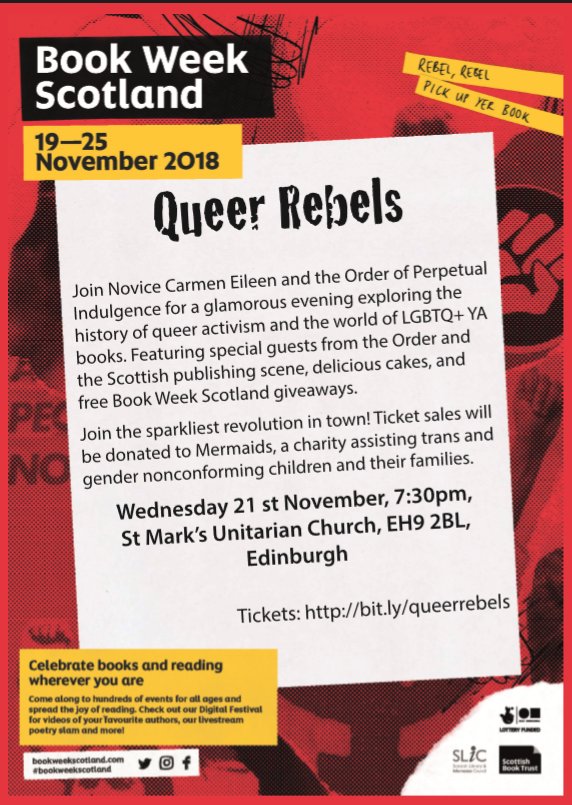 Looking for something to do in @BookWeekScot? How about my little queer party? There's still some free tickets left 😘 bit.ly/queerrebels #BookWeekScotland #Rebel #LGBTQ #YALit