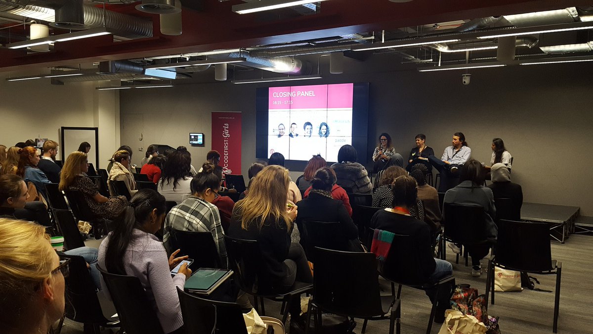 CodeFirstGirls's tweet photo. Innovation VS Regulation. 🎯Thought-provoking discussion with @CodeFirstGirls @AimBrainHQ @KubrickGroup @TheRegDoctor 🔝🔱💯We couldn't have a better closing panel - thank you all for joining us #CFGConf18 😀☺😎 https://t.co/JCGroPUTEv