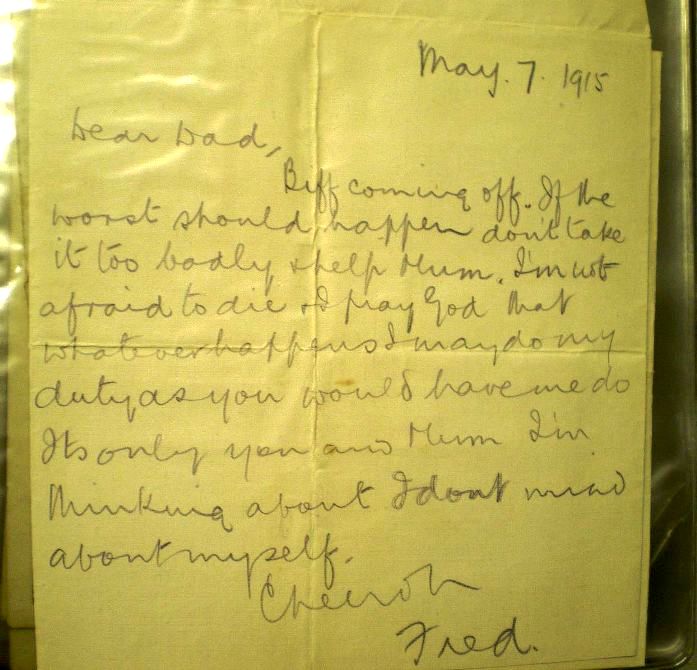 dug's tweet image. Fred (my 1st cousin 2x removed) was due to go over the top on 7 May 1915. He wrote this to Fred Senior the night before and gave it to the company padre. I'm always touched by the feeling of certainty, that there no doubt he is in the right place...