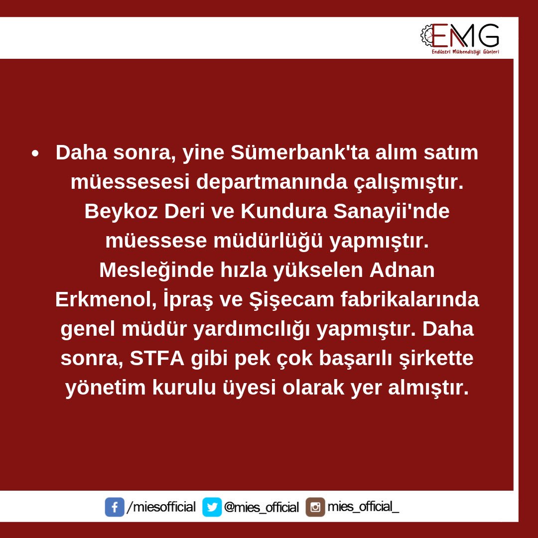 Atatürk’ün eğitim için yurt dışına gönderdiği, ülkemizin ilk endüstri mühendisi olan Adnan Erkmenol kimdir?

Endüstri mühendisliği hakkında daha fazlası için EMG’18’e başvurmayı unutma! 👉 bit.ly/2CnlDoPd

#EndüstriMühendisliği
#IndustrialEngineering