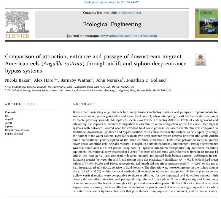 Our new paper with Conte lab comparing #airlift and #siphon #bypasses for #downstream #passage of silver American #eel. 50 days free access too! Thanks @AquaticSciences!!

#fishmigration #fishpassage #hydropower #anguilla #catadromous #PITtelemetry #video

authors.elsevier.com/c/1Y1pC3IW-wXz…