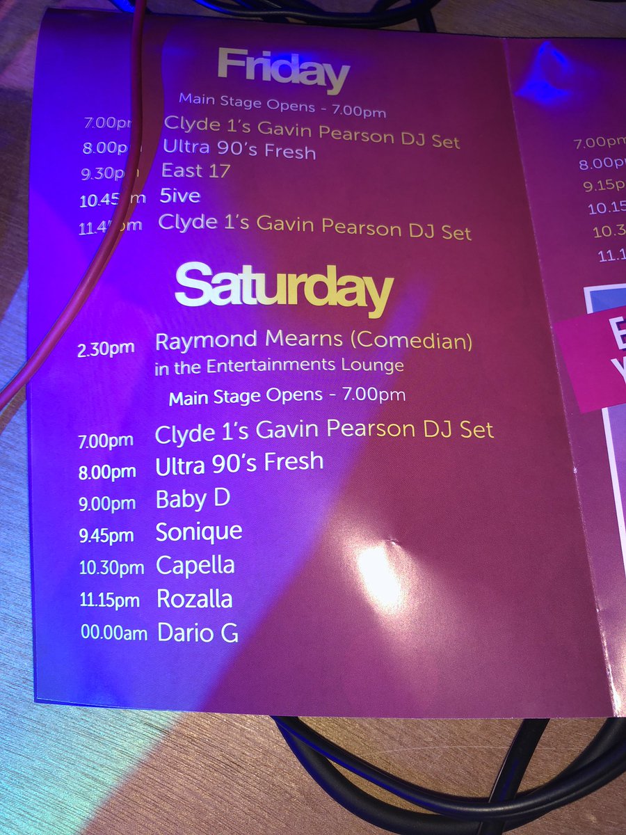 RadioGavster's tweet photo. The line up tonight for night 2 of the #90sWeekender at @ArgyllHolidays Hunterβs Quay! Iβll be playing the tunes between them #Glowsticks π https://t.co/OmJynY73l0
