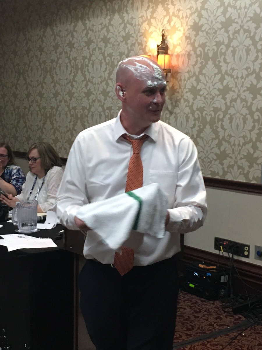 Expertlibrarian's tweet photo. So I won Battle Deck! And poor Jeremy was pied twice #nyla2018 https://t.co/TXNc7Wec6n