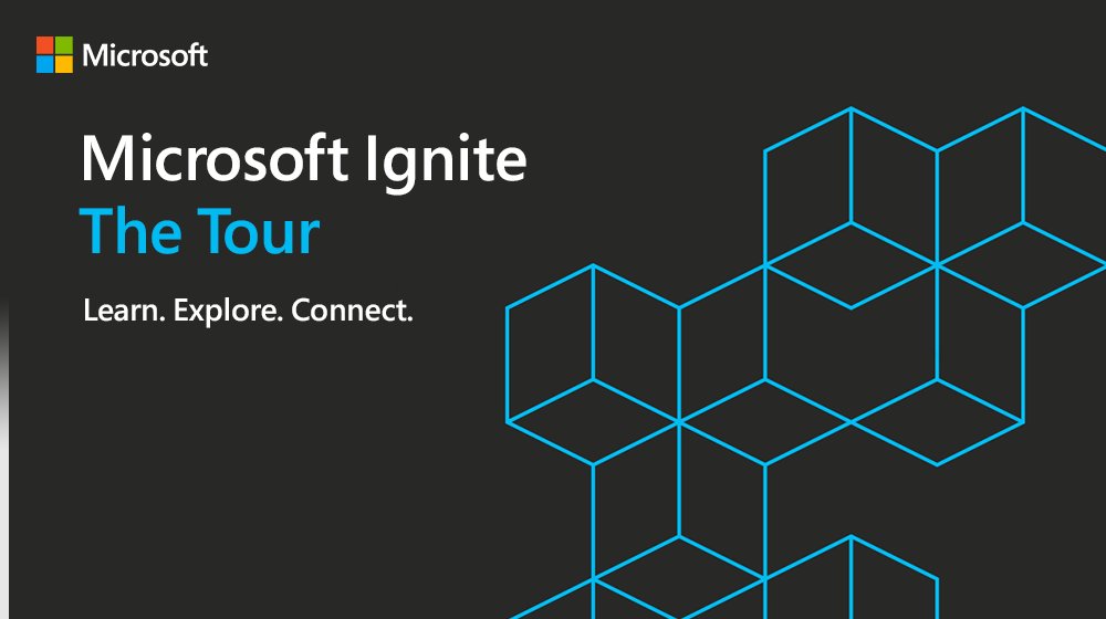 Microsoft Ignite The Tour branding. Blue line diagram on a black background.