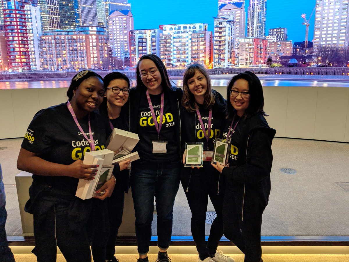 phoebexyao's tweet image. Inspirational weekend at #CodeForGood London 2018. Our Oxford #womenintech team came in 1st with a cross-platform notifications tool to help @Julias_House better manage caretaker monitoring. Thank you @jpmorgan for an empowering 24 hours!