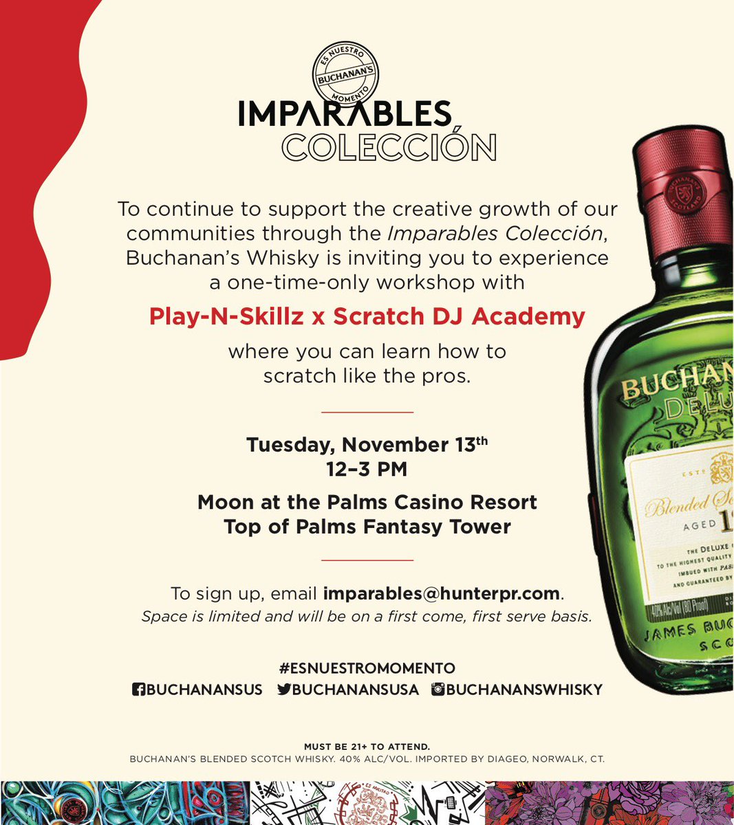 playnskillz's tweet photo. Excited to be back with the #Buchananswhiskey family as part of the #LaColeccion. We're heading to the @LatinGRAMMYs where we'll be teaching a workshop with #Scratchacademy Who wants to join and help us further unstoppable greatness? #BuchanansPartner #EsNuestroMomento https://t.co/6CAS9pUgRU