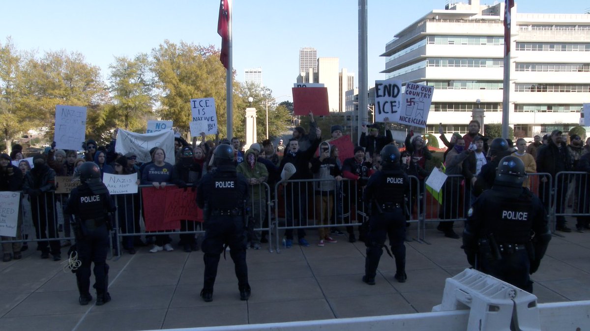 Here are some of the  #Antifa counter-demonstrators that showed up. There were probably 3-4x as many counter-demonstrators as the white nationalists, and as many cops as both sides combined.A big theme for antifa was  #ICE, who they see as the enforcement arm of a nazi agenda.