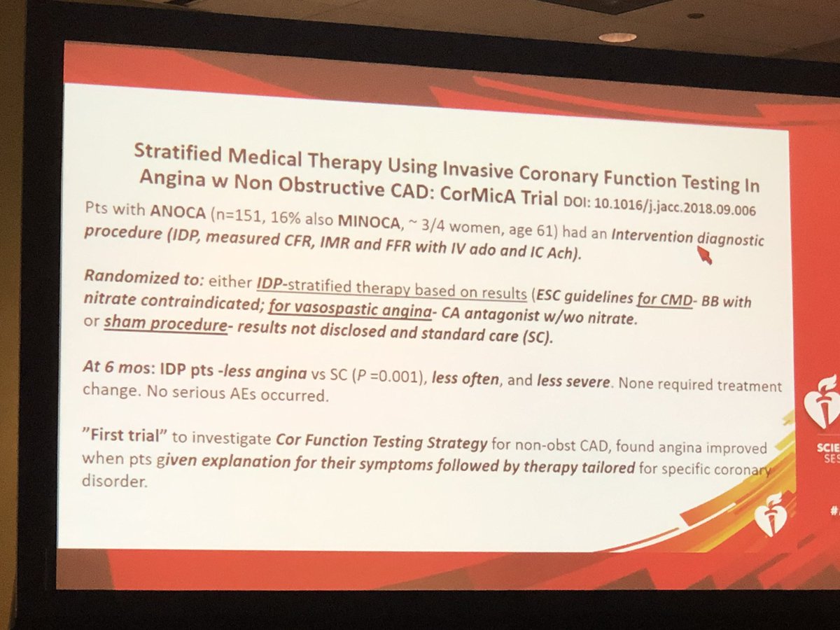 iamritu's tweet image. #MInoca  Dr Carl Pepine 
41% ⬆️ risk mortality woman with #Minoca 
#swedeheart #Trial 
20% with statins &amp;amp;  25% with ace inhibition -lower rate of recurrent #MI 
CorMicA Trial: 1st functional trial - explaining angina improves it #AHA18