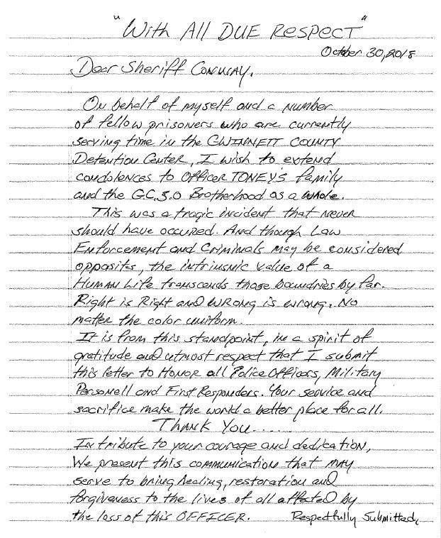 FOX5Atlanta's tweet photo. It has been three weeks since @GwinnettPd Officer Antwan Toney was killed in the line of duty. He continues to be remembered for his service - this time, by inmates at the Gwinnett County Jail. The inmates extend their condolences, and said the officer's life had value. #fox5atl https://t.co/nwmcWbxPAz