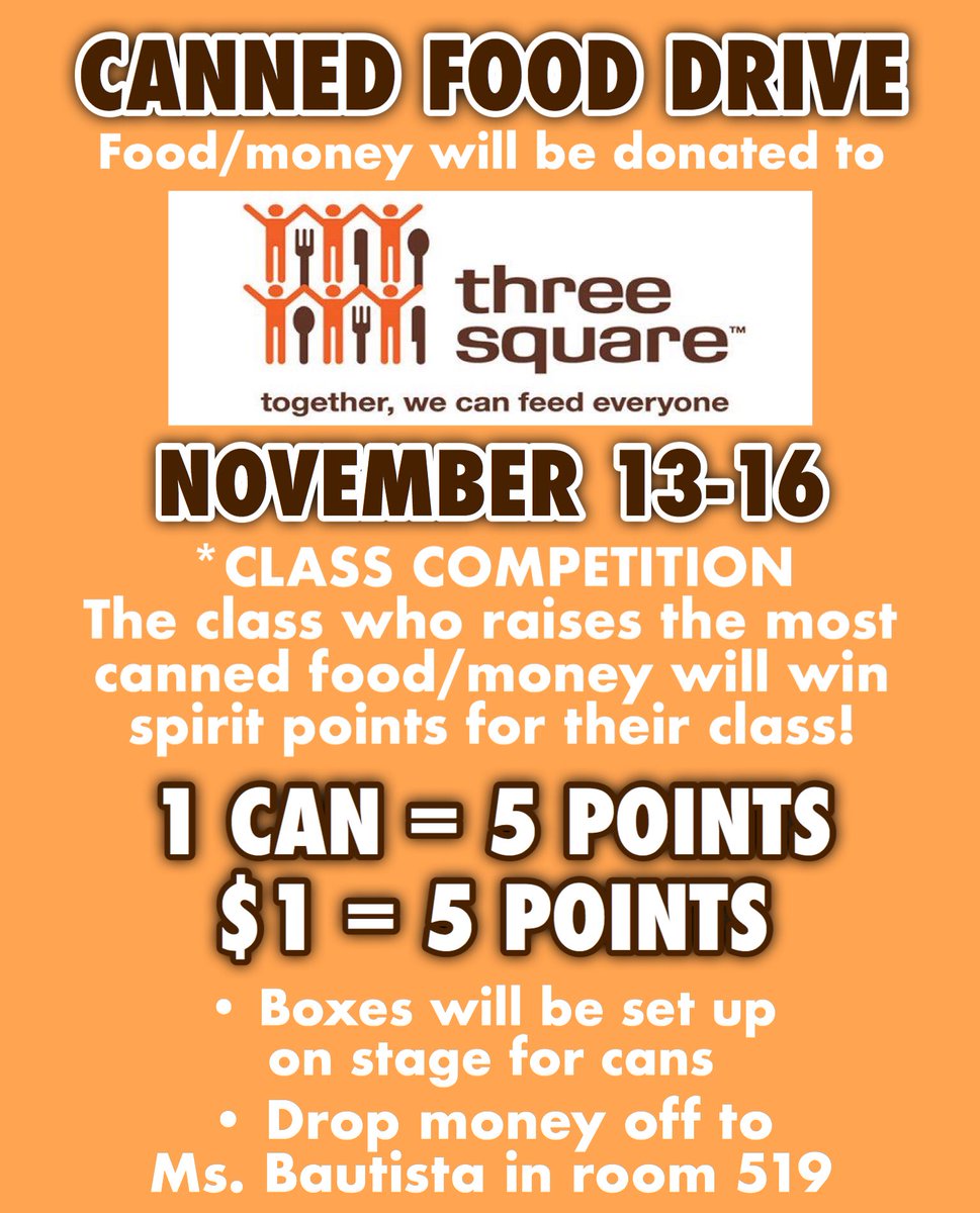 Titans! Help Student Council donate canned food/money for Three Square &amp; earn significant amount of spirit points for your class for our upcoming assemblies! Tell your friends 💛
#EastTechTitans #ECTAStuCo