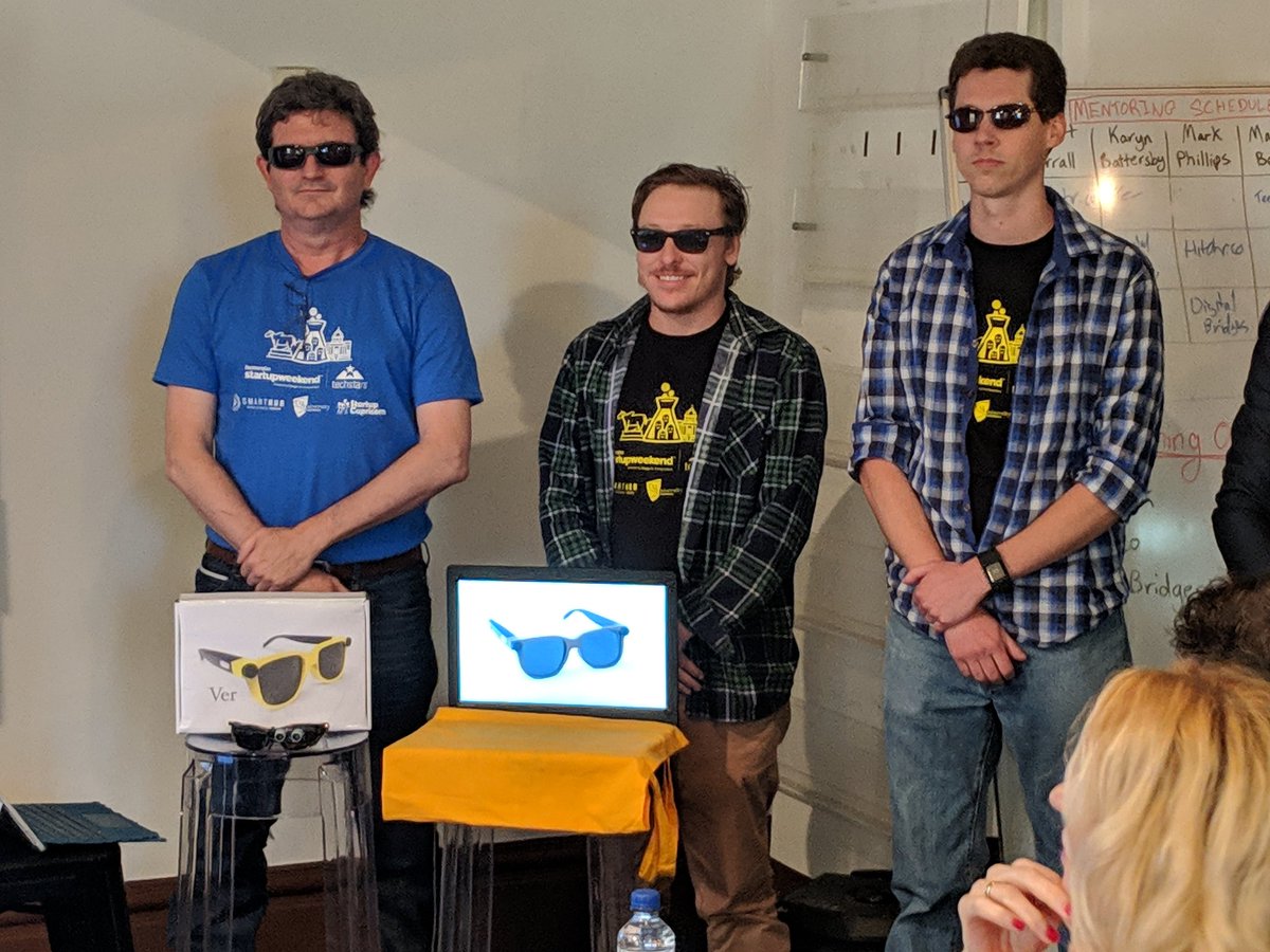 tinarawene's tweet photo. Ver fronts up looking like the Blues Brothers but actually demo'ed a working haptic sonar pair of glasses for people with vision problems. #SWRocky https://t.co/W93dsZAkU3