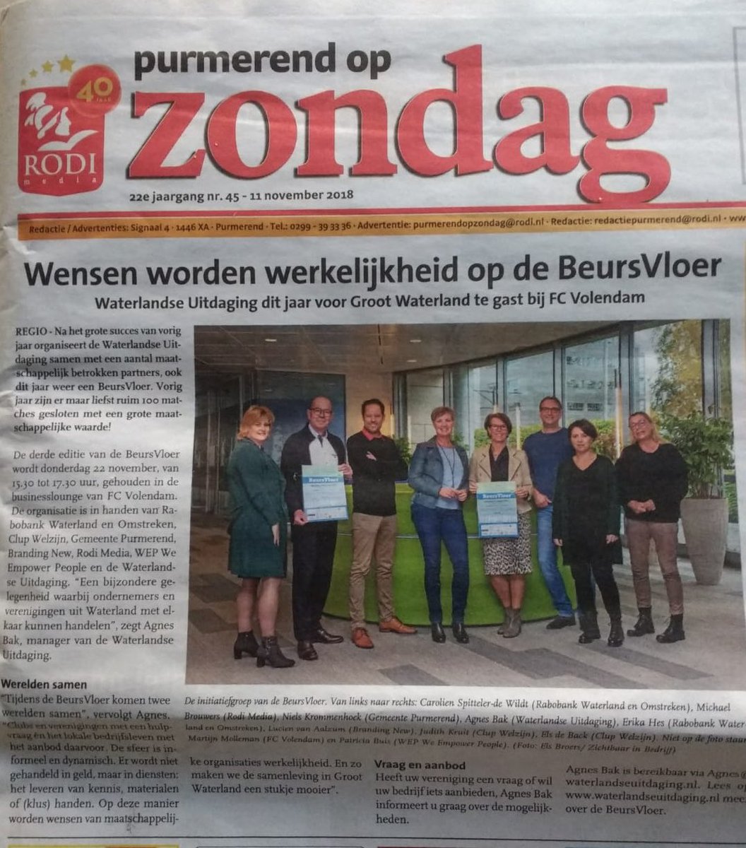 De BeursVloer op de voorpagina van Purmerend op Zondag! 22 November is het zover, dan kan er maatschappelijk worden gehandeld. Helpt jouw bedrijf een vereniging of stichting vooruit? Je bent welkom!