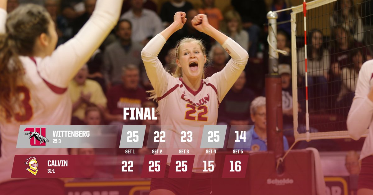 Survive and advance! <a href="/CalvinVball/">Calvin University Vball</a> defeats Wittenberg in a five-set thriller to advance to the NCAA III Volleyball Quarterfinals. Go Knights!