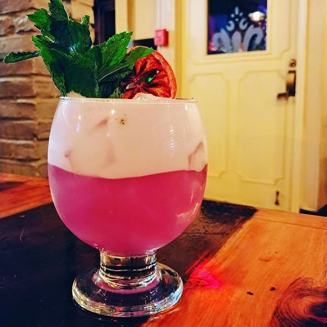 Cool Breeze in the Shadow of Greatness - Watermelon Gin, Aquavit, lychee, lemon, Passion fruit, Pomegranate, Straw-nana #Terpenes, egg white, bubbles #cocktails #andover spirop.us/2PjshEl