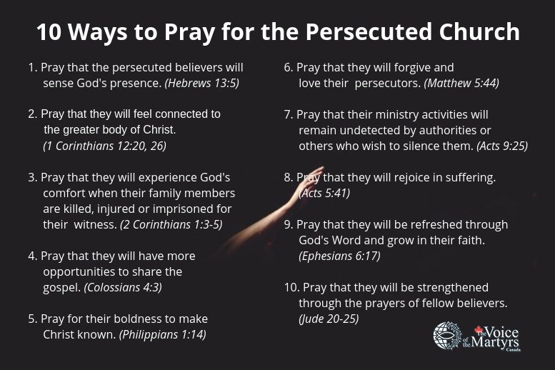 faccalgary's tweet photo. We're talking about the #PersecutedChurch this weekend. It can feel like such a foreign concept to us here in Canada...so how can we join with our brothers and sisters who are being persecuted for their faith? How can we support them in prayer? Here are just some ideas! #FACunite https://t.co/x5MHXKl7Fn
