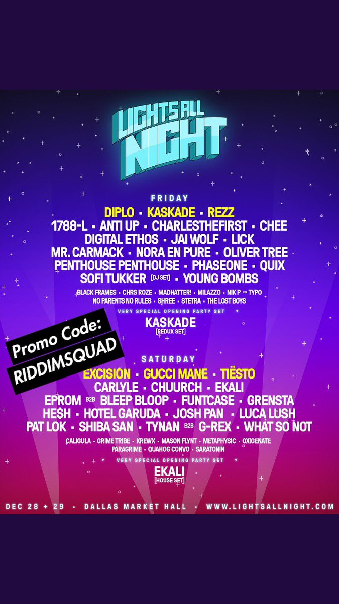 District_Sounds's tweet photo. Promo Code: RIDDIMSQUAD for $5 off your @LightsAllNight tickets🔥🔥🎉 #riddimsquad #riddimgang #riddim #edm #edmfamily #basshead #headbanger #railbreaker #dallasedm #dallasravers #dallasmusic #hamfam #ubbidubbifest #ubbidubbi #lightsallnight2018 #LAN #LAN2018  #EDC #EDCLV https://t.co/BbZJ0s4m7o