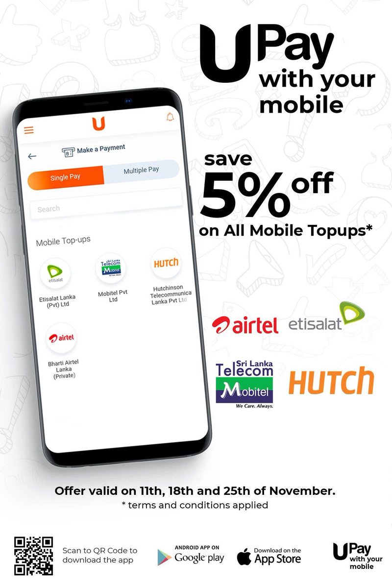 upaylk's tweet photo. Now, instant mobile top ups for Airtel, Etisalat, Mobitel, and Hutch through UPay, anywhere, at absolutely anytime, and you pay 5% less too! #mobile #mobiletopups #MobileApp #mobilepayments #upay #upaypromo #upaywithyourmobile #mobitel #etisalat #airtel #hutch #lka https://t.co/r1zSvtWTam