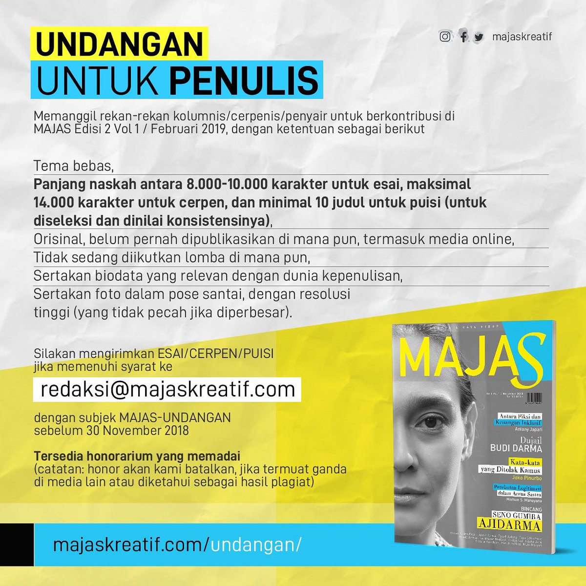 majaskreatif's tweet photo. UNDANGAN UNTUK PENULIS - Memanggil rekan-rekan kolumnis/cerpenis/penyair untuk berkontribusi di
MAJAS Edisi 2 Vol 1 / Februari 2019  #majas #majalahmajas #majaskreatif #sastra #indonesia #majalah #penulis #cerpenis #kolumnis #penyair https://t.co/TjvVV17xV5