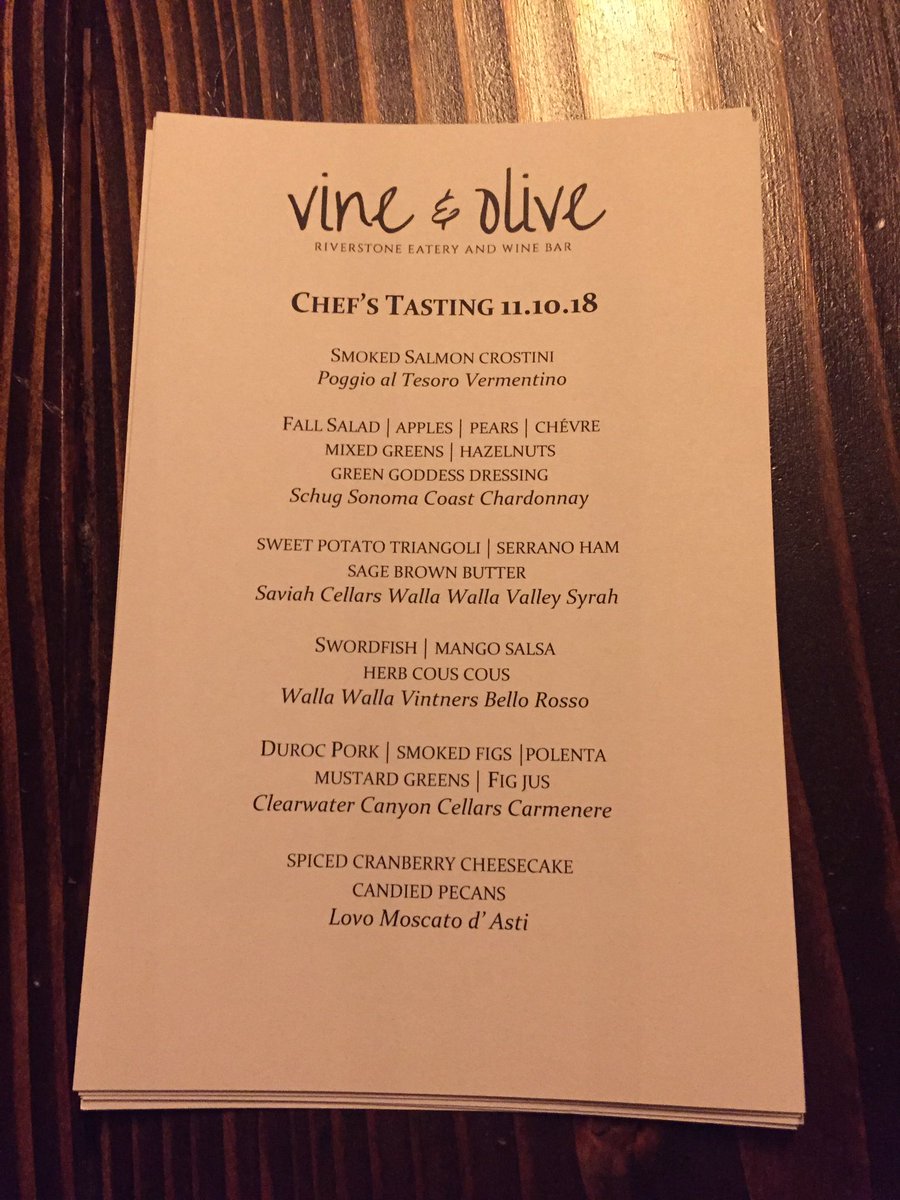 VineAndOliveCda's tweet photo. Chef’s tasting w/ wine pairings we created for a group tonight in private room. I ❤️this biz so much it never feels like work. #wine #cheftasting #loveit #CdaID #winepairing #lovewhatido @Saviah @WWVintners @SchugWinery @CCCellars @PoggioalTesoro https://t.co/p9P5Ad0egN