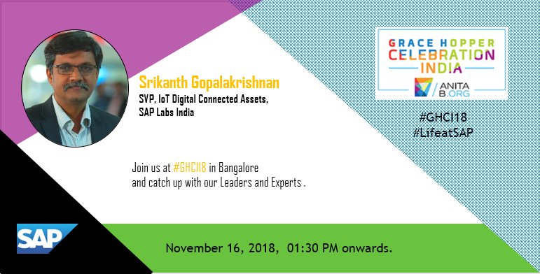 saplabsindia's tweet photo. Meet @Srikanth_G_SAP at the iConnect session in  #GHCI18  to understand about how organizations convert innovations in technology to concrete opportunities for business success and deliver customer impact. Catch us live at #GHCI18  https://t.co/kftGfcN1nq #LifeAtSAP https://t.co/pgFTvXWgpN