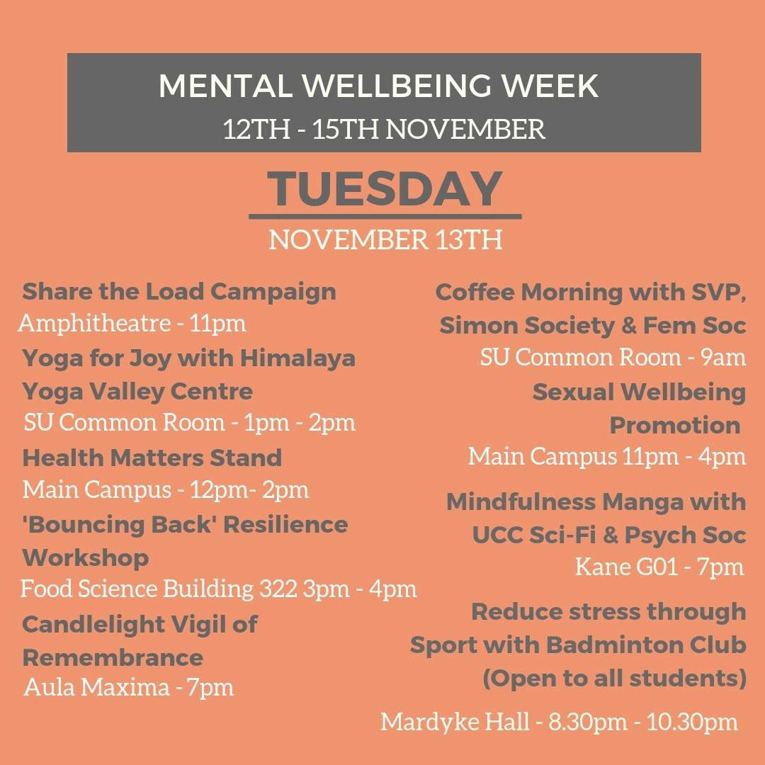 uccsu_ewg's tweet photo. Mental Wellbeing Week is just around the corner! Check out some of the amazing events taking place throughout the week below! @UCCSU @UCCSUWelfare @UCCSUEquality @uccsocieties @UCCSport https://t.co/2mKPYWfCK2