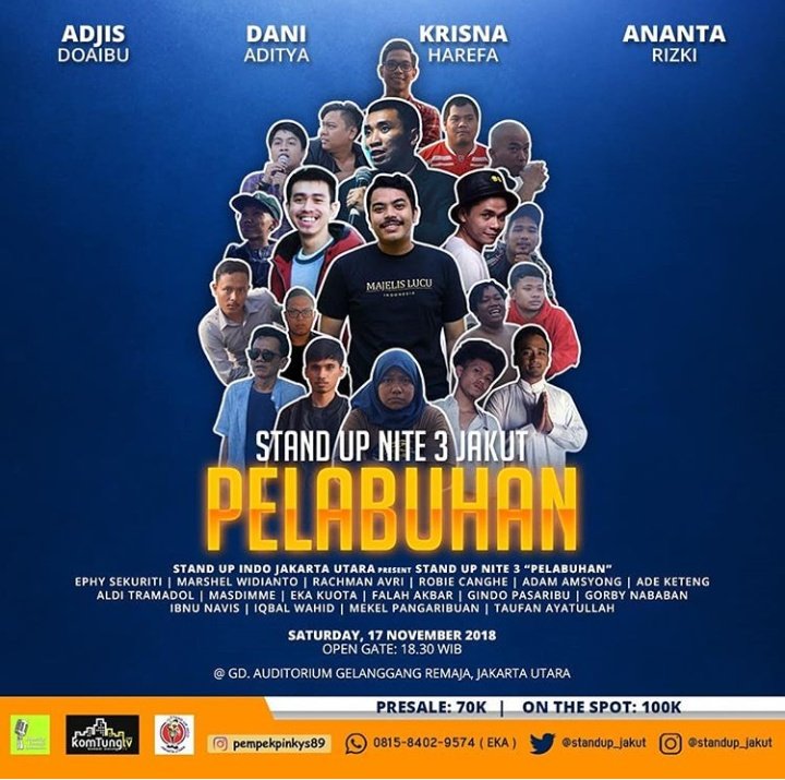 17 NOVEMBER! | #SUN3JAKUT All Star Komika <a href="/Standup_Jakut/">Standupindo Jakarta utara</a> | Guest Star: <a href="/adjisdoaibu/">Adjis</a> <a href="/krisnaharefa/">Kris</a> <a href="/anantarispo/">ananta rispo</a> <a href="/daniaaditya/">Dani Aditya</a> | Gd. Auditorium Gelanggang Remaja Jakut | 19.00 WIB | Presale: 70K/OTS: 100K. 

Info: <a href="/Standup_Jakut/">Standupindo Jakarta utara</a>