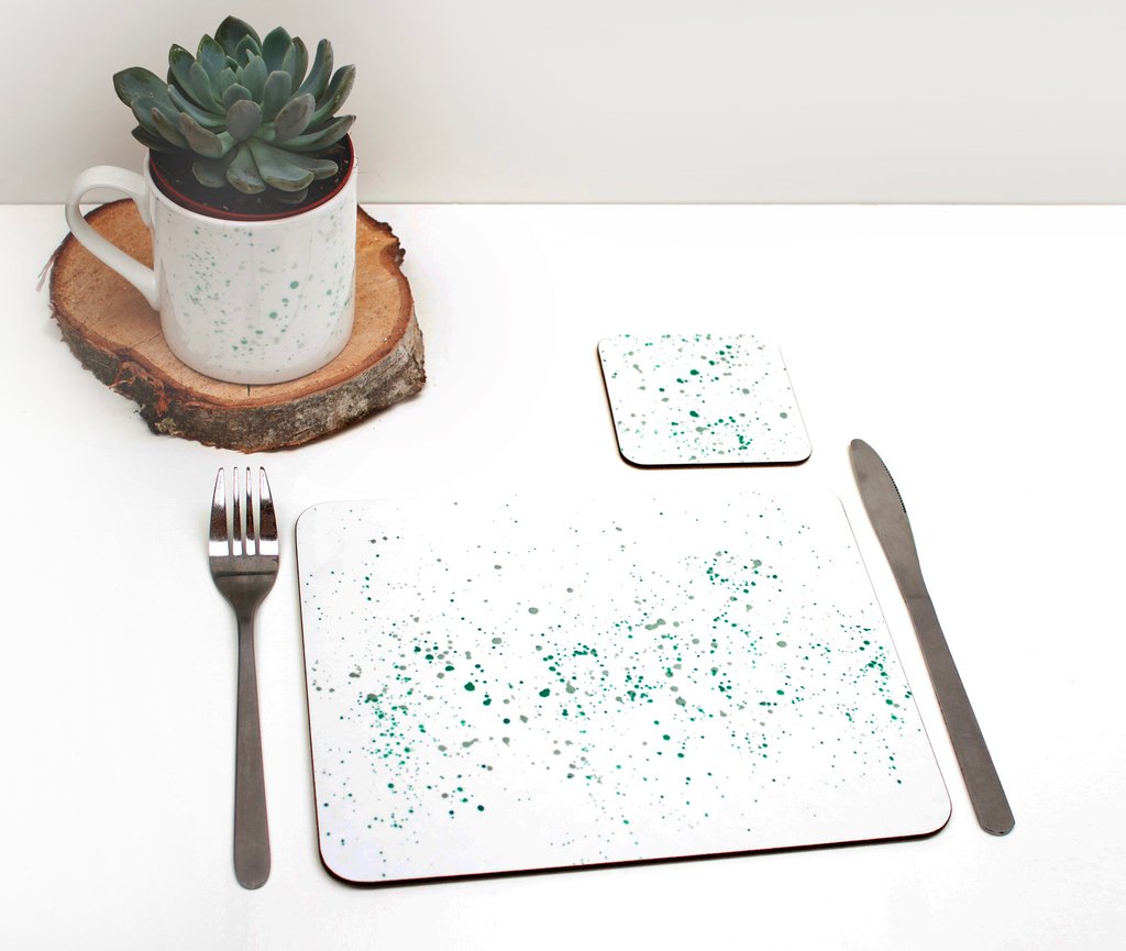 GET THE SET
Most of the designs come in three products.The Bone China Mug, Coaster and Placemat.The coasters &amp; placemats are made from FSC certified, sustainably sourced Eucalyptus board

#corkbackedplacemat

#paintsplatterplacemat

#inksplatterplacemat

#gettheset
