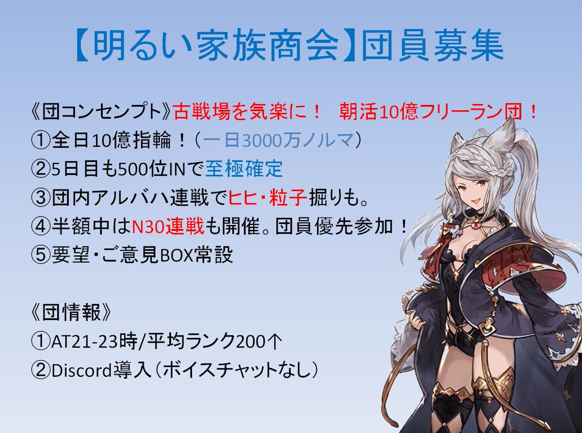 Lawine ラヴィーネ グラブル 原神 Ar Twitter 明るい家族商会 団員 傭兵募集です 4枠 朝活10億と500位inで至極の指輪率 団内アルバハで栄誉の確保も簡単 一番楽に至極の指輪と勲章を集めることをコンセプトに活動しております ぜひお気軽にお声がけ