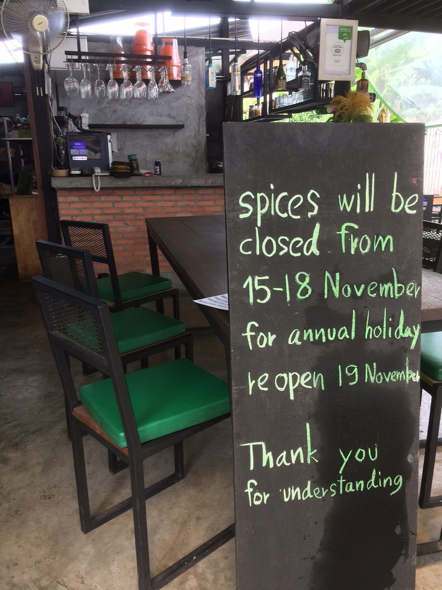 Dear customers,

Spices cafe will be closed from 15 - 18 November and reopen on 19 November. This is to re-furbish the restaurant and give our hardworking staff a well-deserved break.

We apologize for any inconvenience this may cause.

Thank you for understanding