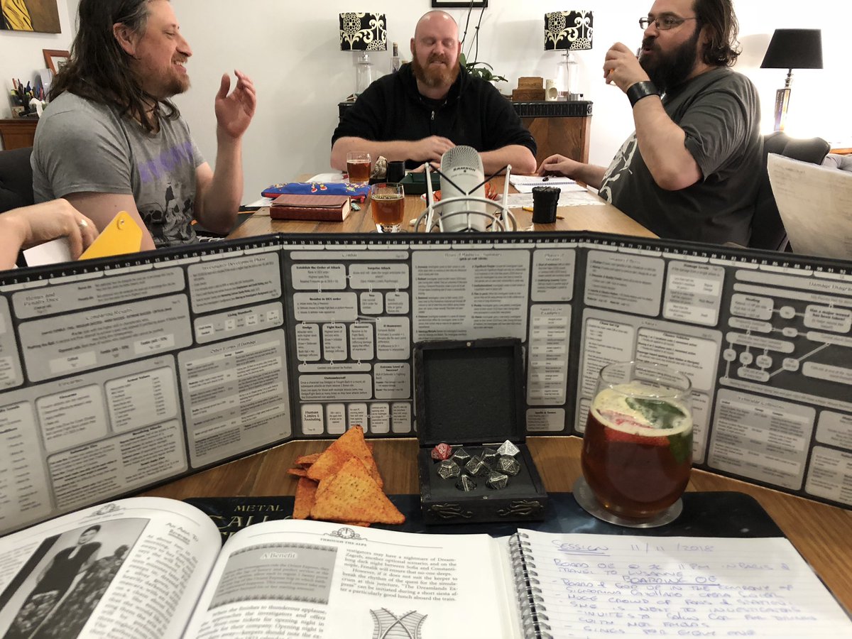 TYPE40pty's tweet photo. From behind the keeper screen tonight, the Investigators head to Lusanne to track down Edgar Wellington, with a side order of Ulthar Cats #HothOE #callofcthulhu #rpg #pimms #doritos https://t.co/xVU3XMSrD5