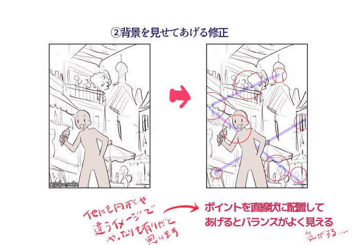 背景ありの絵の構図の作り方について。勿論元のラフのような沢山描きこむ構図で素晴らしい作品を作る方は沢山いらっしゃるので..!(私の技術が足りないだけ) パースとかアイレベルとか難しい話は置いて、ポイントの置き方で構図を考えてみるみたいな話です 普段構図に困った時にこうしています 