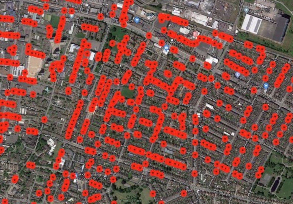 The impact of the First World War in some British towns was nothing less than catastrophic. This photograph is an area of houses in Grimsby, Lincolnshire. Each poppy represents someone that did not home after Armistice Day.