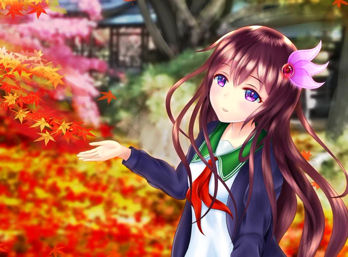 如月、紅葉の庭園にて。(10月上旬頃に描いてました) 