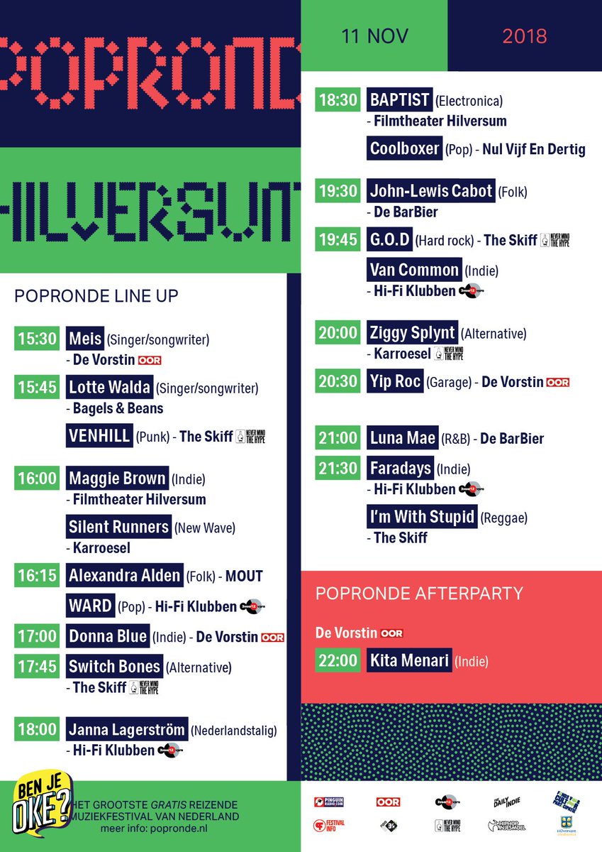 Het is vandaag zondag 11 november 2018! Om 15.30 uur gaan we los met #popronde #hilversum! Alle optredens zijn #gratis! #festival #live #muziek