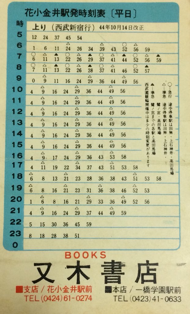 猫平 久々家の中を整理していたら西武新宿線花小金井駅のポケット時刻表が出て来ました 昭和44年のもので 日中分間隔で走る拝島 多摩湖ゆきに驚きです 分割併合する萩山駅は大忙しだったでしょう ちょうど101系誕生の年です T Co