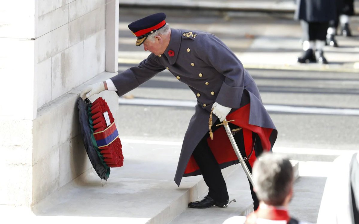 CharlesUKRPG's tweet photo. The Prince of Wales lays The Queen’s Wreath, followed by his own at the Cenotaph.

#LestWeForget #100years https://t.co/OnvE55nfYH