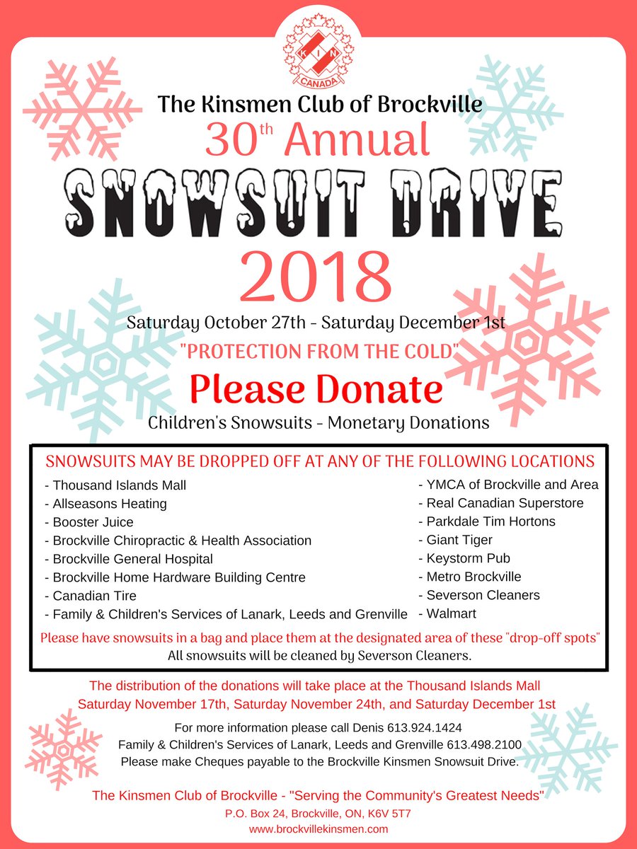 FamChildLLG's tweet photo. Brockville Snowsuit drive is underway!! Please drop off gently used snowsuits, winter jackets, hats, mitts for children, youth and adults at the drop off locations listed in the poster #snowsuitdrive #winterclothing https://t.co/6eF1BGFszd