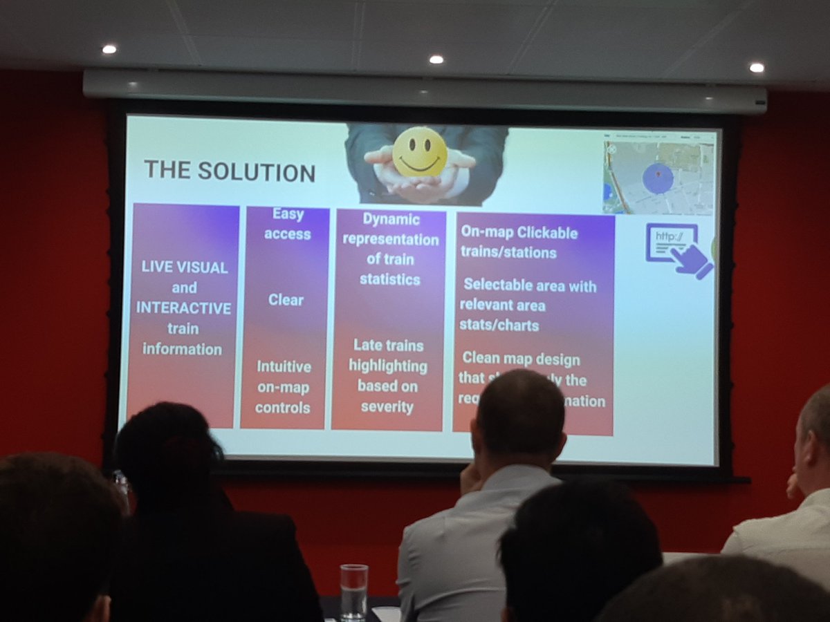 PimlicoRich's tweet image. DfT Challenge 'Rolling Stock' on stage. The offer of a visual live app and historical data app presented to the panel. A great job by the team. #HackTrain5