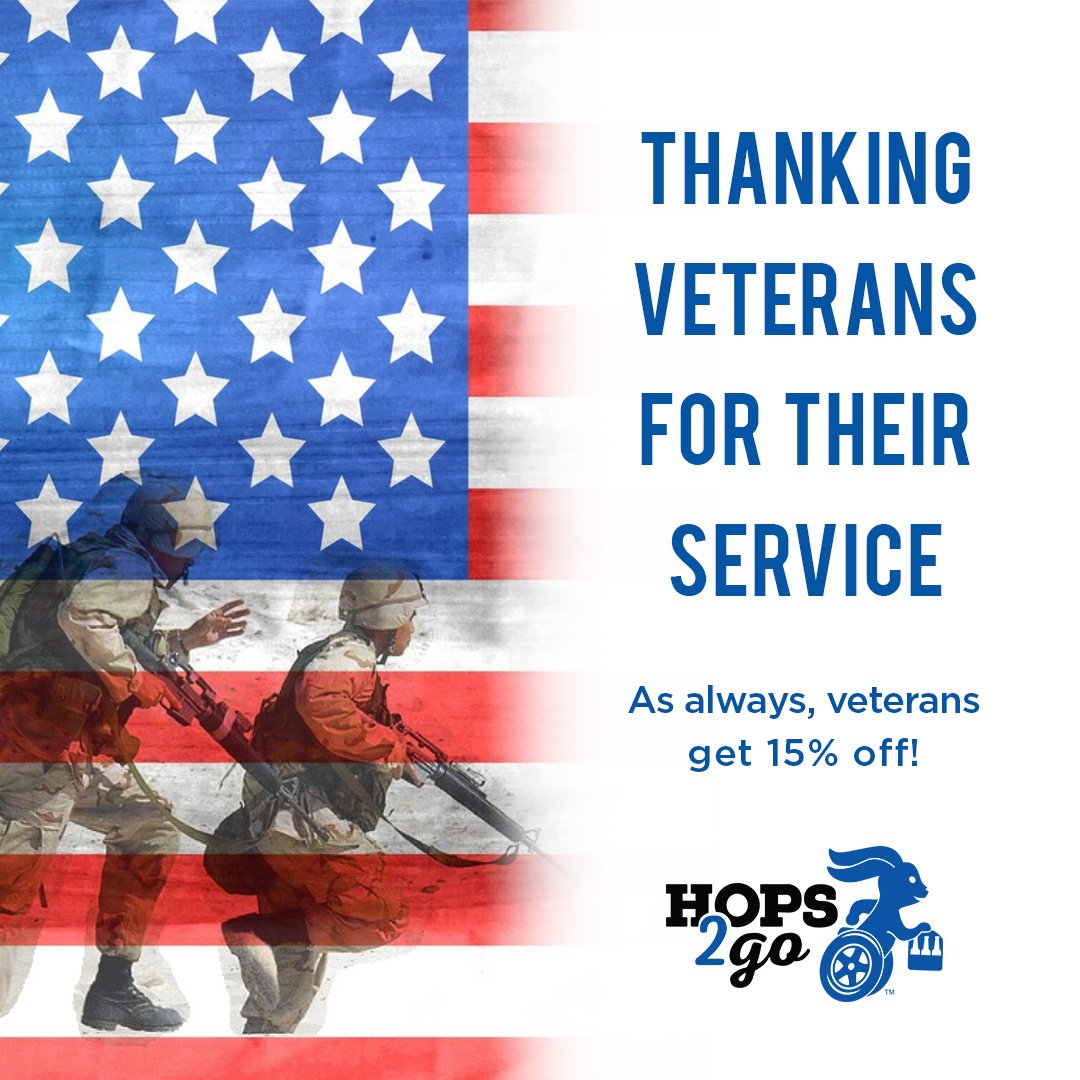 Hops2Go's tweet image. We celebrate veterans and active duty military today, and every day, with 15% off all orders. Thank you for your bravery and service to our country. #VeteransDay #Veterans #Hops2go
