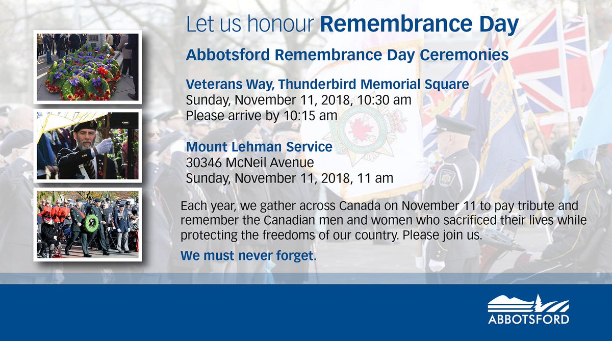Join us for the Abbotsford Remembrance Day Ceremonies https://t.co/B5WdezEjDc