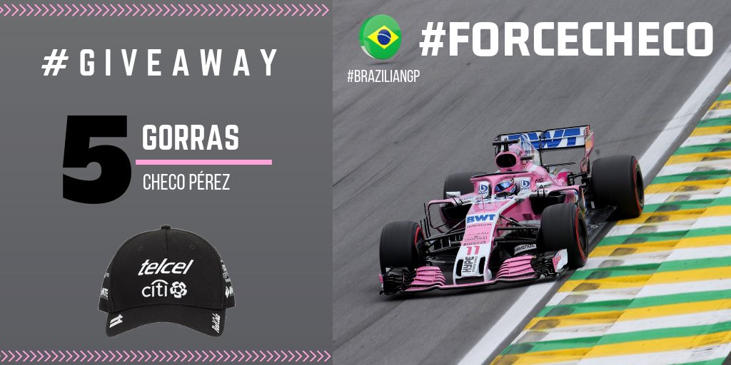 checoperezcom's tweet photo. Tenemos 5 gorras de @SChecoPerez para el #BrazilianGP
Es muy fácil:
*Las primeras 5 personas que acierten en que vuelta hará Checo su detención en pits y en qué vuelta dará su giro más rápido ganarán su gorra
*Hay que incluir el hashtag #ChecoBrasil
¡Suerte a todos! https://t.co/4xfVF6y70R