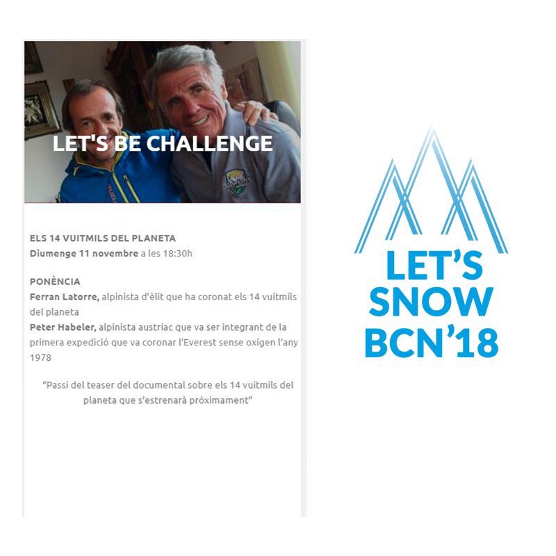 Aquesta tarda acabarem el congrés per tot lo alt!
💪Amb <a href="/ferranlatorre/">Ferran Latorre</a> i Peter Habeler.
ELS 14 VUITMILS DEL PLANETA
📅A les 18:30h a la sala de l’Ajuntament del #pobleespanyol
I amb sorpresa final... #LetssnowBCN18 #bcn #neu