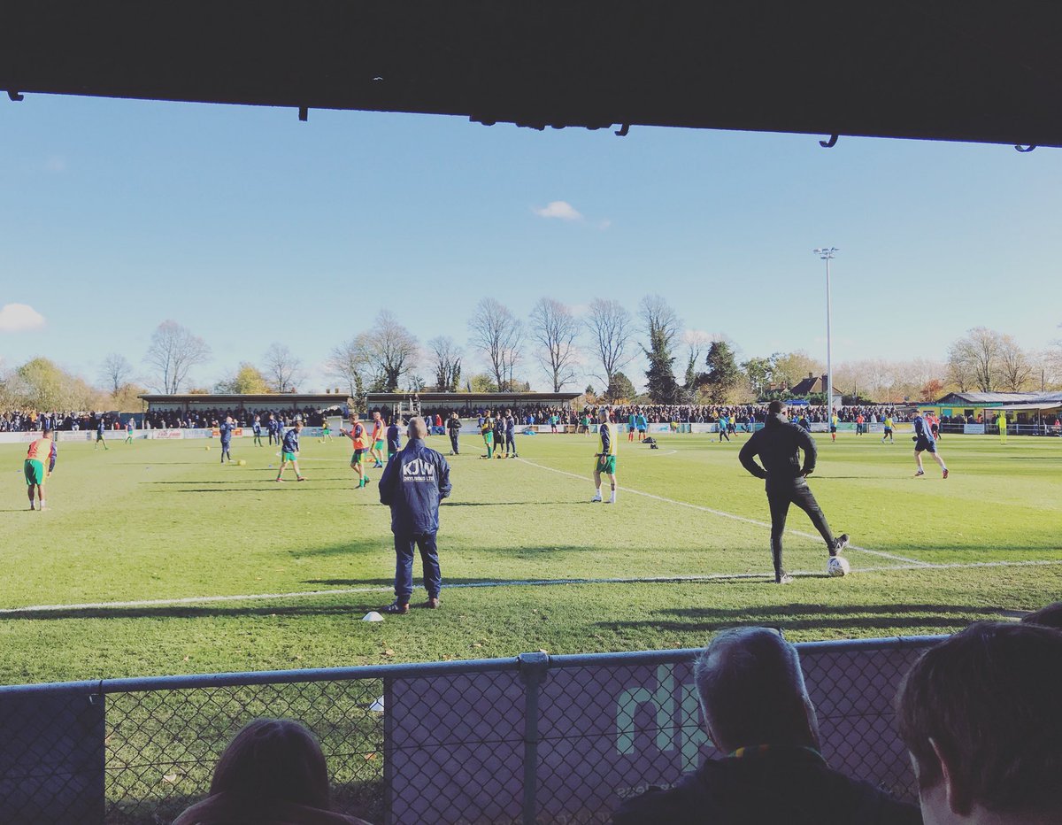 glyndoggett's tweet photo. My current view. Yes that’s right I am watching football. With good reason though. @HitchinTownFC my home town team playing in the #facupfirstround #hitchin #comeonyourcanaries #parttimefootballfan #tryingtoblendin #historicday https://t.co/EdN79KQ5gX